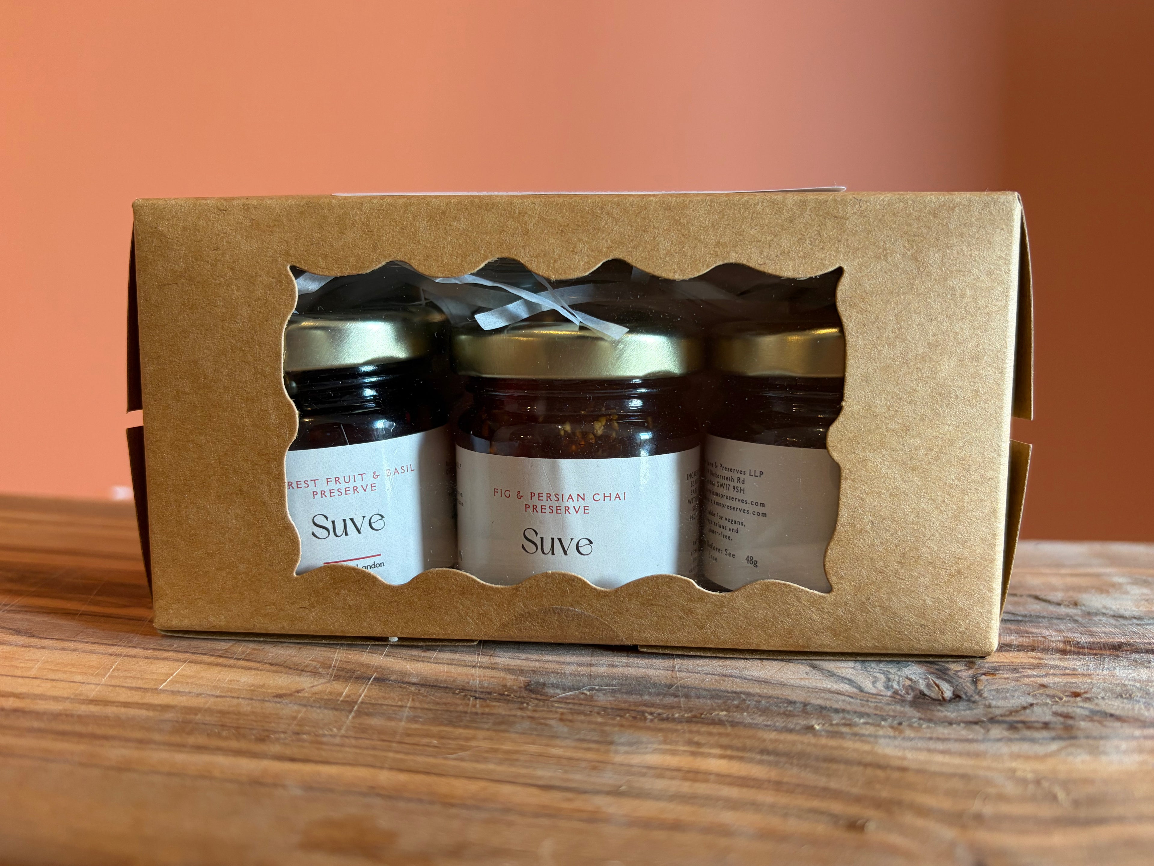 Autumnal collection taster flight boxed set with 3 mini (41mL) jars of jam: Forest Fruit & Basil, Fig and Persian Chai, Plum & Rosemary