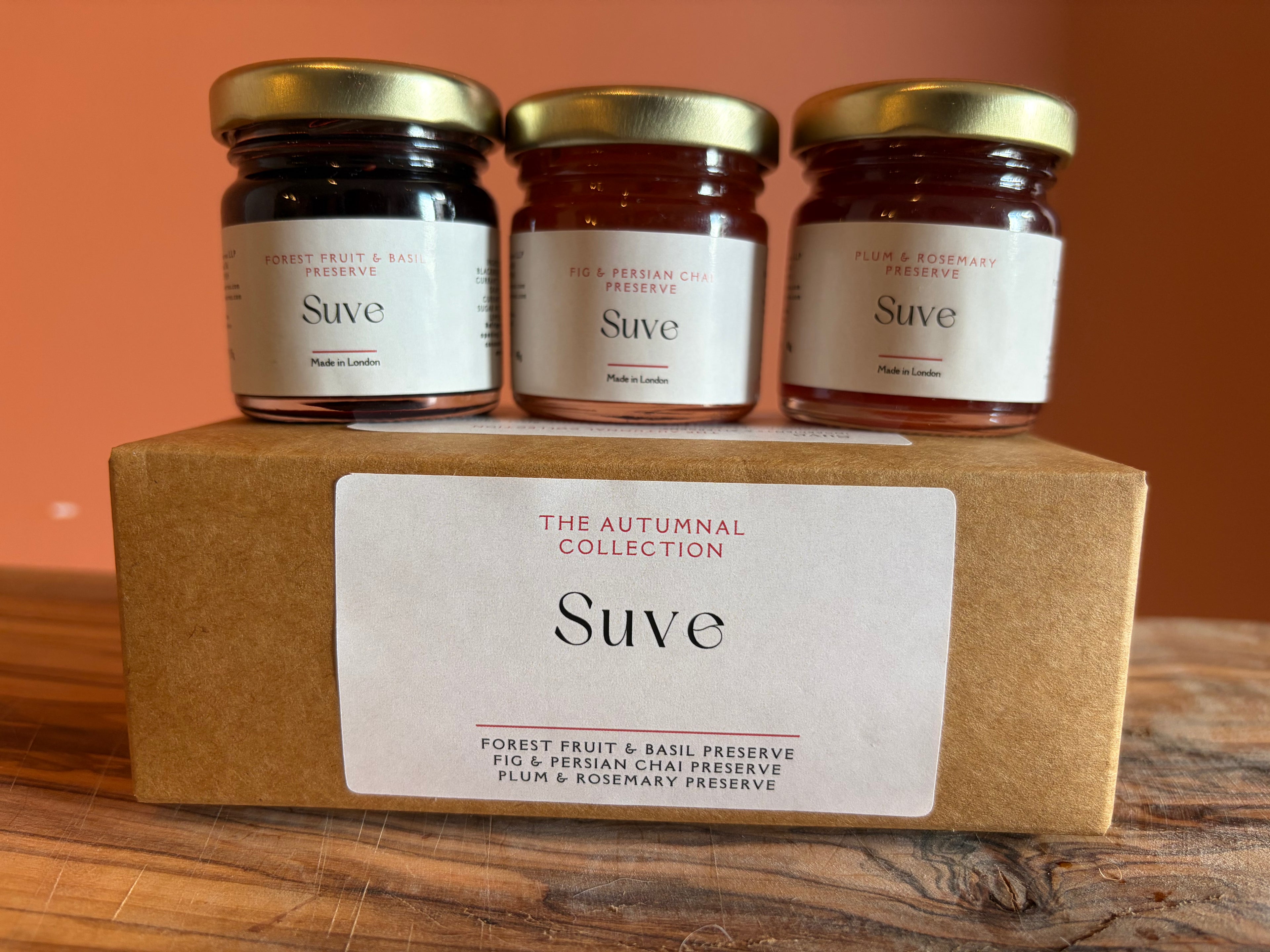 Autumnal collection taster flight boxed set with 3 mini (41mL) jars of jam: Forest Fruit & Basil, Fig and Persian Chai, Plum & Rosemary 